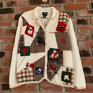 Vintage Design Studio Joy Holiday Patchwork Button Down Cardigan Cream Sz S